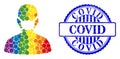 Grunge Covid Watermark and Rainbow Coronavirus Face Mask Mosaic Icon of Spheric Dots