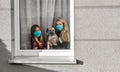 Coronavirus. Family using mask for virus protection. Mother with daughter stay at home for quarantine outbreak Wuhan coronavirus