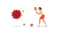 Coronavirus fight concept. Cartoon girl with a racket hits the tennis ball to destroy the virus cove 19