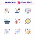 CORONAVIRUS 9 Flat Color Icon set on the theme of Corona epidemic contains icons such as bacteria, soap basin, computer, hand Royalty Free Stock Photo