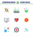 CORONAVIRUS 9 Flat Color Icon set on the theme of Corona epidemic contains icons such as beat, virus, test, scan, computer