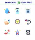 9 Flat Color Set of corona virus epidemic icons. such as bio, wash, appointment, soap, cleaning