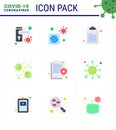 CORONAVIRUS 9 Flat Color Icon set on the theme of Corona epidemic contains icons such as information, viruses, check list, plasm,