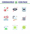 CORONAVIRUS 9 Flat Color Icon set on the theme of Corona epidemic contains icons such as twenty seconds, meeting, locker,