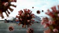 Coronavirus floating air while passengers boarding plane at airport. Covid19 Royalty Free Stock Photo