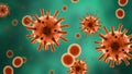 Coronavirus or flu germs in cell, microscopic view of SARS-CoV-2 corona virus on green background, 3d rendering. Banner with Royalty Free Stock Photo