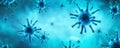 Coronavirus or flu virus banner, 3d illustration, microscopic view of pathogen SARS-CoV-2 corona virus in cell on blue background