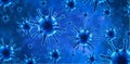 Coronavirus or flu virus blue background, 3d illustration, SARS-CoV-2 coronavirus pathogen germs under microscope in cell. Banner