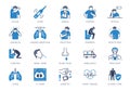 Coronavirus, flue virus symptoms flat icons. Vector illustration included icon as cough, fever, lung ct scan, pneumonia