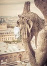 Coronavirus in France, surgical mask on gargoyle of Notre Dame in Paris Royalty Free Stock Photo