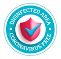 Coronavirus free vector design. Covid free logo with virus shield in circle signange for clean public disinfected area banner.