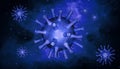 Coronavirus germs on blue background, SARS-CoV-2 corona or flu virus in cell, 3d rendering. Banner with coronavirus outbreak and Royalty Free Stock Photo