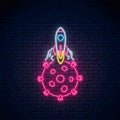 Coronavirus goodbye neon sign. Rocket starting from covid-19 virus sphere. Vector illustration