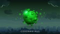 Coronavirus, green poster with large green coronavirus molecules on background of night city