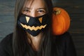 Coronavirus halloween celebration with safety measures. Happy female in evil face mask, be creative