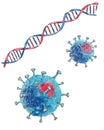 Watercolor Coronavirus COVID and DNA strand