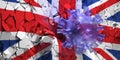 Coronavirus Covid 19 breaking United Kingdom flag wall. 3d illustration Royalty Free Stock Photo