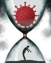 A coronavirus in an hourglass takes itÃ¢â¬â¢s time heading for the inevitable infection of a defiant man Royalty Free Stock Photo