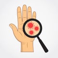 Coronavirus or bacteria on human palm under magnifying glass