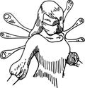 Coronavirus in the image of a girl in a mask with wings in the form of spores sketch vector illustration