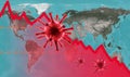 Coronavirus impacts to business, graph of stock market crash on global map. World economy hits by corona virus outbreak