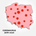 Coronavirus infection in Poland. Poland map with random microbe cell symbols.
