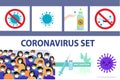 Coronavirus infographics set, icons flat style. COVID-19 hand disinfector hand treatment, stop virus sign, masked people