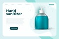 Coronavirus information webpage design with covid 19 prevention object like hand sanitizer. 3d bottle, realistic hand