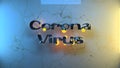 Coronavirus inscription made by steel with lighting spheres iver cracked wall made by biege marble. 3d illustration