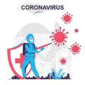 Coronavirus isolated cartoon concept. Medic disinfects and attacks virus, fights disease, people scene in flat design. Vector