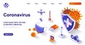 Coronavirus isometric landing page. Fighting the pandemic, stop covid-19 isometry concept. Doctor, protective mask, treatment 3d
