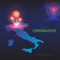 Coronavirus in Italy. Isometric map of Italy with regions country. Hologram 3D molecules of coronavirus bacteria COVID-20