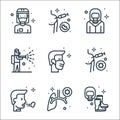 coronavirus line icons. linear set. quality vector line set such as equipment, lungs, cough, vaccine, mask, disinfection, suit,