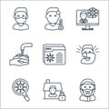 coronavirus line icons. linear set. quality vector line set such as safety googles, quarantine, research, sneezing, browser,