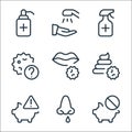 coronavirus line icons. linear set. quality vector line set such as forbidden, contagious illness, alert, stool test, lips, help,