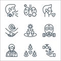 coronavirus line icons. linear set. quality vector line set such as hand wash, keep distance, doctor, gas mask, spread, dont touch