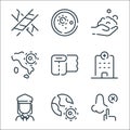 Coronavirus line icons. linear set. quality vector line set such as nose, earth, woman, building, toilet paper, map, hand wash,