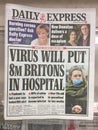 coronavirus, London, Uk - 16/03/2020: Coronavirus covid-19 newspaper headline saying 8 million up in hospital making a panic