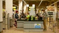 PRAGUE, CZECH REPUBLIC, JUNE 22, 2020: Coronavirus mask face cash register shopping carts food center, payment money