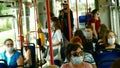 PRAGUE, CZECH REPUBLIC, JUNE 22, 2020: Coronavirus mask face tram streetcar drive crowd people passengers, public