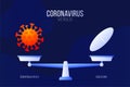 Coronavirus or medical pill vector illustration. Creative concept of scales and versus, On one side of the scale lies a virus