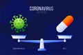 Coronavirus or medical pill vector illustration. Creative concept of scales and versus, On one side of the scale lies a virus