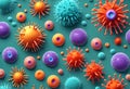 coronavirus microorganisms in 3d render, abstract biological backdrop