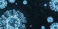 Coronavirus microscope 3D virus illustration dark blue background with copy space.