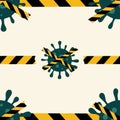 Coronavirus molecule, barricade tape. Seamless pattern. Flat illustration.
