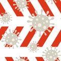 Coronavirus molecule, red and white barricade tape. Seamless pattern.