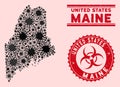 Coronavirus Mosaic Maine State Map with Grunge Biohazard Seals