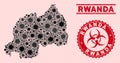 Coronavirus Mosaic Rwanda Map with Grunge Biohazard Stamp Seals