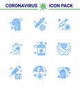 9 Blue Set of corona virus epidemic icons. such as hygiene, germ, virus, dirty, vaccine