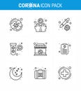 Covid-19 icon set for infographic 9 Line pack such as virus, fuild, infect, elucation, virus